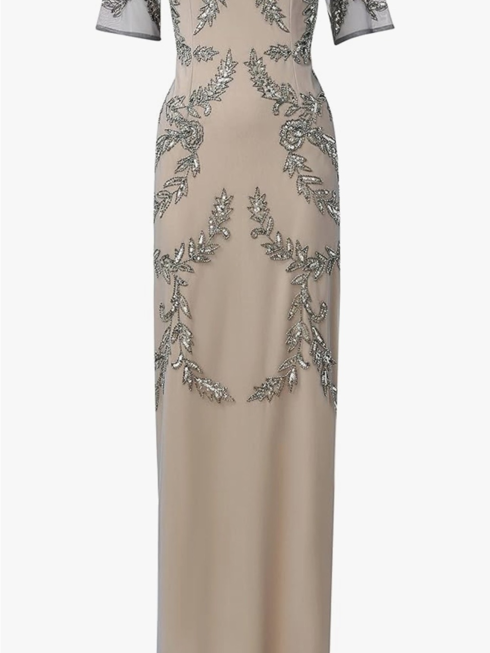Adrianna Papell Taupe Maxi Gown with Silver Leaf Embellishment